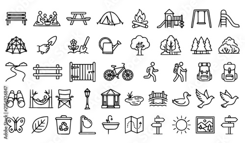 Family Park Nature Recreation Outline Vector Icon Collection