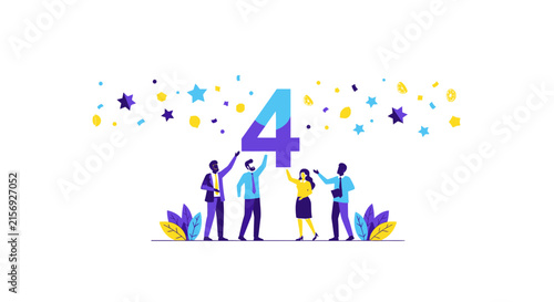 Business Team Celebrating 4th Anniversary Milestone Flat Vector Illustration