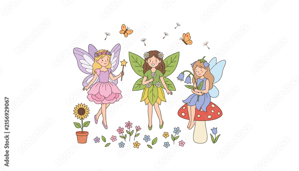 Naklejka premium Cute Magical Garden Fairy Vector Set with Whimsical Characters Mushroom and Floral Elements for Children Book and Birthday Invitation Designs.