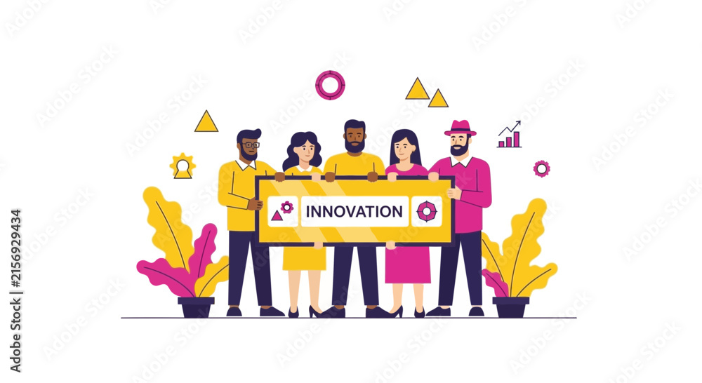 Fototapeta premium Diverse business team holding innovation banner. Flat vector illustration of multicultural colleagues collaborating on creative corporate strategy.