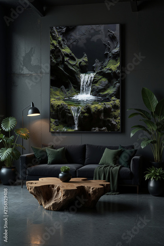 Modern living room with waterfall art and plants