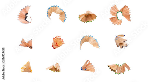 Fotografía Grid collection of wooden pencil shavings with colorful edges on a transparent b