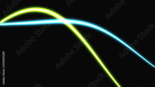 Neon blue and yellow light streaks crossing on dark textured background