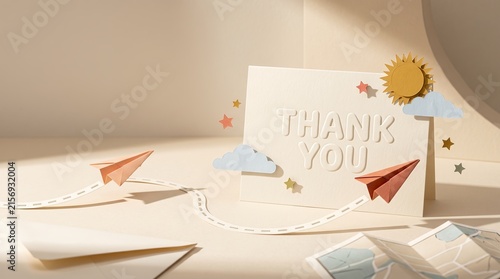 Minimalist Paper Craft Thank You Greeting Card With Origami Airplane Concept