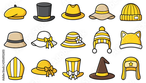 Yellow Hats and Headwear Cartoon Icon Set — Bold Outline Cap and Beanie Collection