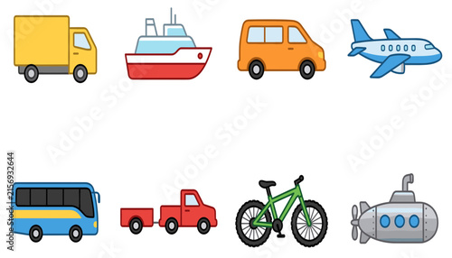 Transportation Vehicles Flat Icon Set — Colorful Land, Air and Sea Transport Collection