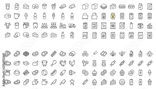 Food and Grocery Line Icon Set — Outline Dairy, Meat, Bakery and Sweets Collection