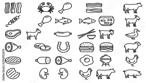 Meat and Livestock Line Icon Set — Outline Food, Farm Animal and Butchery Collection
