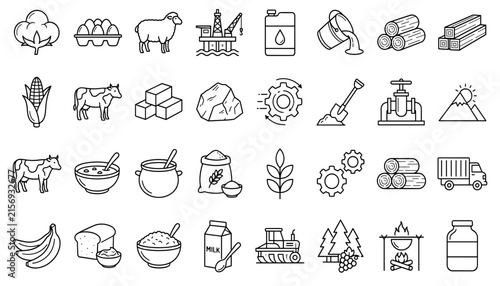 Natural Resources and Agriculture Line Icon Set — Outline Farming, Industry and Raw Materials Collection