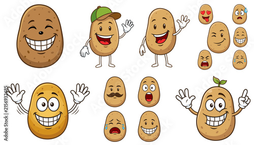 Potato Cartoon Character Icon Set — Funny Mascot with Faces and Expressions Collection