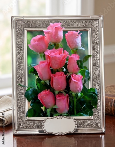 Close-up of vibrant pink roses with dewdrops in a decorative silver frame placed on a wooden surface with a soft indoor background.