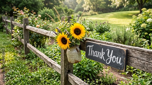 Rustic Floral Sunflower Arrangement Sign With Thank You Text Outdoor Garden Nature