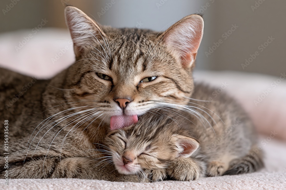 Fototapeta premium Tabby cat licking cute kitten with tender love warm cozy atmosphere