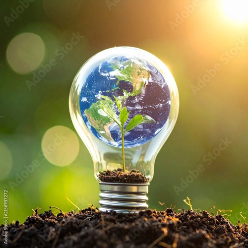 A small green plant growing inside a light bulb containing a blue earth globe standing in soil with beautiful golden sunset nature background.