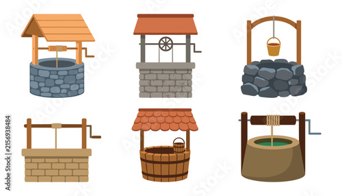 Foto Traditional Water Well Icon Set with Antique Stone Wooden and Brick Structures f