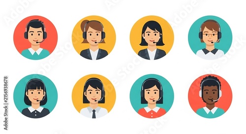 Service call center agents avatars set with headsets
