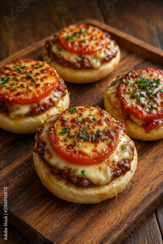 Four mini pizzas topped with melted cheese, fresh tomato slices, and herbs served on a wooden board. Warm and inviting atmosphere with rich colors.