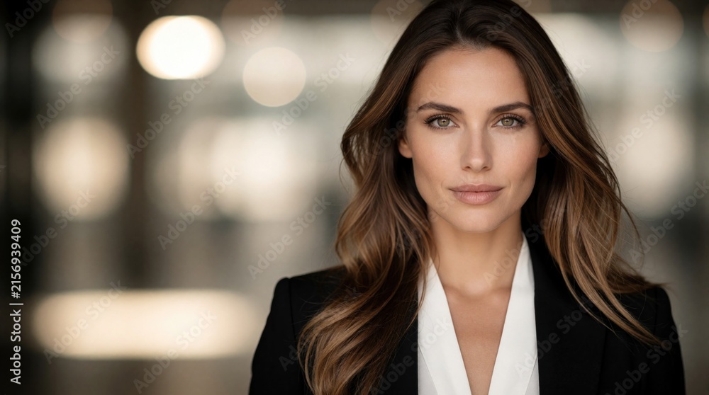 Obraz premium Pro woman poses in business attire. She has long brown hair and makes direct eye contact in a studio with blurred lights background. Confident executive look.