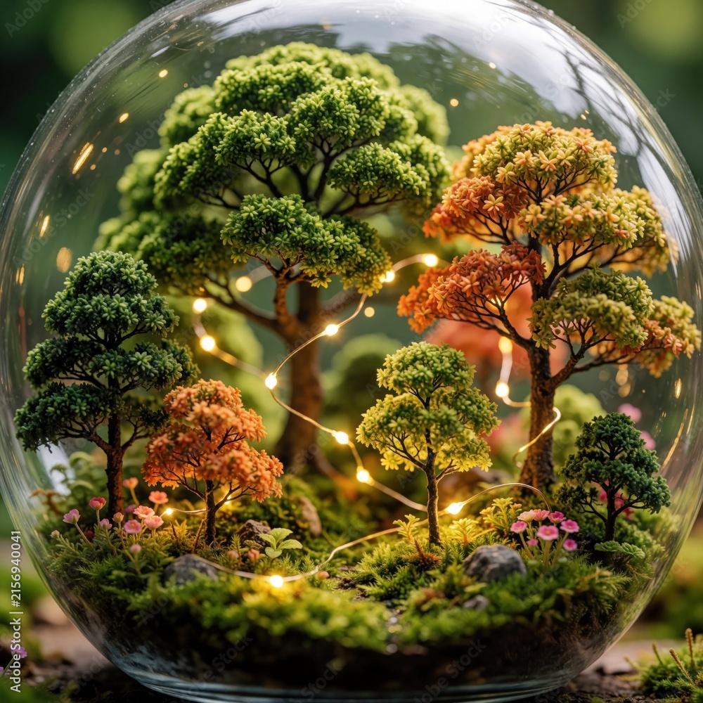 Fototapeta premium Miniature forest ecosystem inside clear glass sphere. Tiny green, orange trees grow on mossy ground. Small fairy lights glow among foliage. Beautiful decorative terrarium makes perfect tabletop