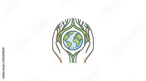 Hands Holding Globe with Green Tree Branches for Environmental Care