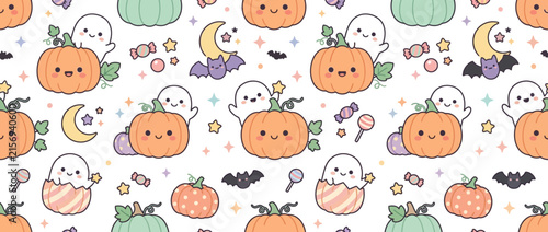 Cute Halloween Characters Pattern with Pumpkins and Ghosts
