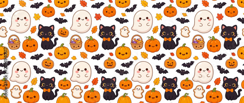 Cute Halloween Pattern with Ghosts, Cats, and Pumpkins