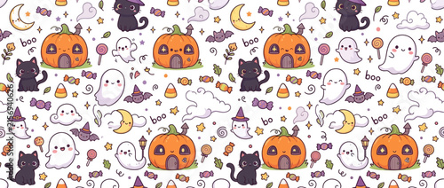 Cute Halloween Pattern with Pumpkins, Cats, and Ghosts