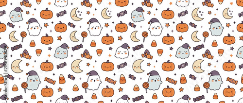 Cute Halloween kawaii pattern with ghosts, pumpkins, moons, and candy