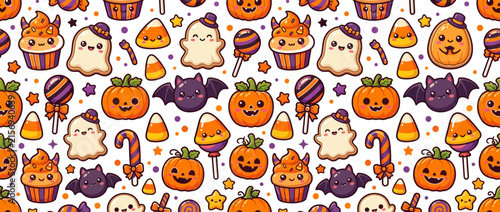 Cute Halloween Kawaii Pattern with Ghosts, Pumpkins, Bats, and Candy