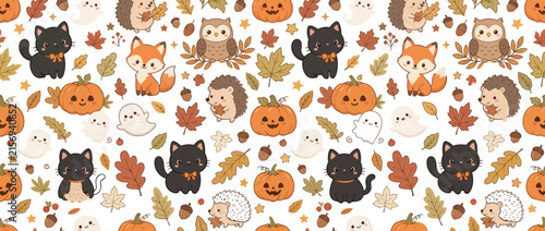 Cute Autumn Animals and Pumpkins Pattern