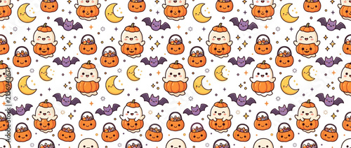 Cute Halloween Kawaii Characters Seamless Pattern