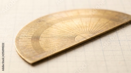 Brass Protractor On Blueprint Paper For Back To School Education Concept