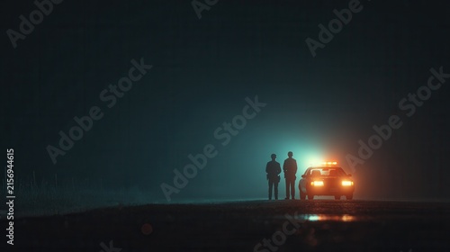 police cars with blue and red emergency lights flashing during a nighttime intervention, dramatic urban scene with reflections on the street 