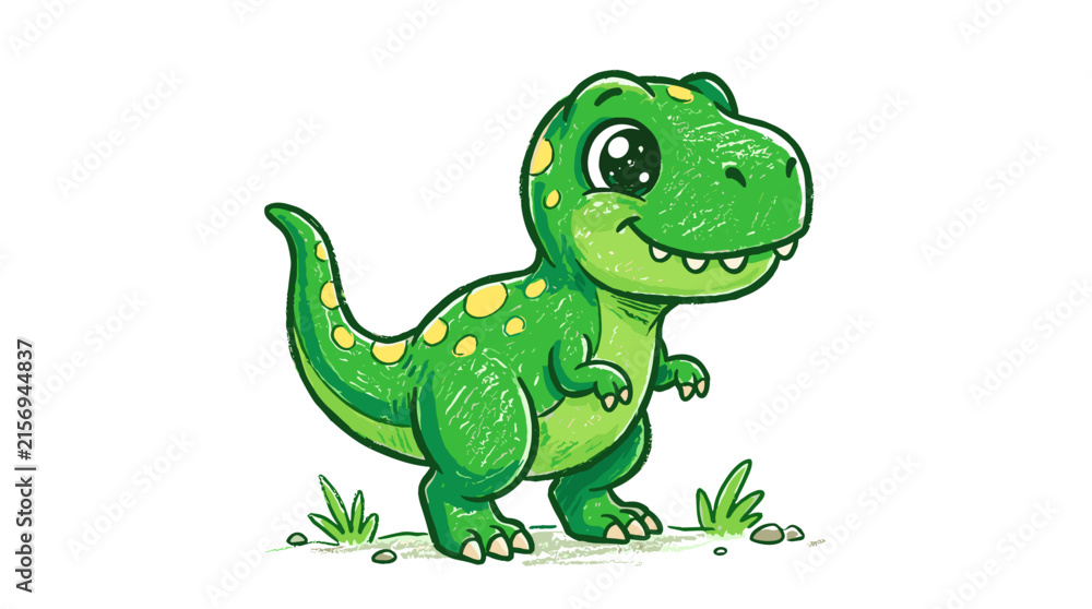 Fototapeta premium Cute green t-rex dinosaur character standing in grass isolated on white background art