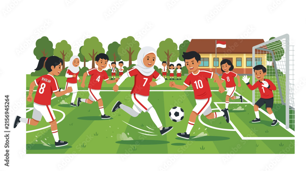 Fototapeta premium Diverse Group of Energetic Children Wearing Red Jerseys Playing an Exciting Game of Soccer on a School Field with Goalposts