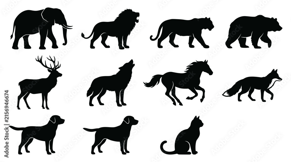 Obraz premium Collection of wild and domestic animal silhouettes featuring detailed black vector graphics on white background