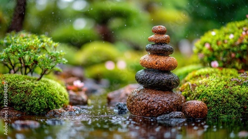 Balanced Zen Stones Stacked in a Peaceful Lush Garden with Raindrops and Green Moss Background