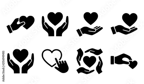 Cuadro en lienzo Black and White Hand Heart Vector Icons for Love Compassion Protection Support