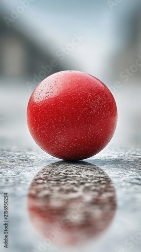 Close-up of a Textured Red Sphere Ball with Soft Reflection on Polished Gray Surface and Bokeh Background