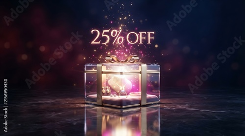 Glowing 3D crystal gift box with 25 percent off sale promotion banner for retail marketing.