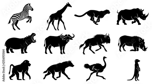 A striking collection of african wildlife silhouettes showcasing the majestic beauty and diversity of the continent's iconic animal species in black