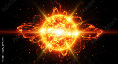 A brilliant, intensely hot sun explodes with fiery energy. Streams of plasma and light radiate outwards from the central star, creating a dynamic and powerful visual effect.
