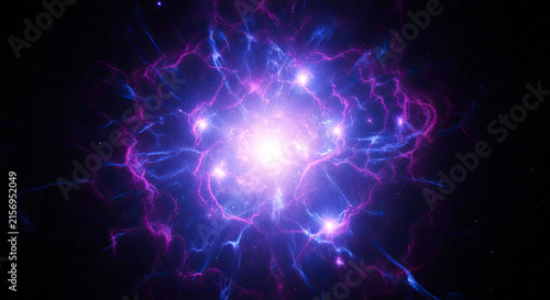 A vibrant, swirling nebula emits intense purple and blue electrical energy. Multiple bright points of light radiate outwards from a central core, creating a dynamic and energetic display.