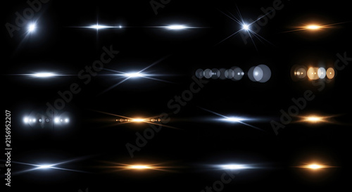 A dark background showcases a collection of lens flares and light streaks. The flares exhibit various colors, including blue, white, yellow, and orange, creating a dynamic and shimmering effect.