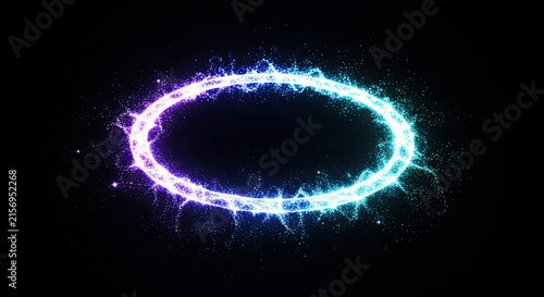 A vibrant, glowing ring of light emits a burst of colorful particles against a stark black background. The ring appears to be made of energy, creating a dynamic and ethereal effect.