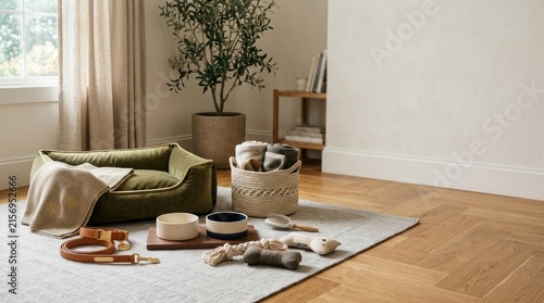 A green dog bed sits on a gray rug in a bright, airy room. A potted plant adds a touch of greenery to the space.