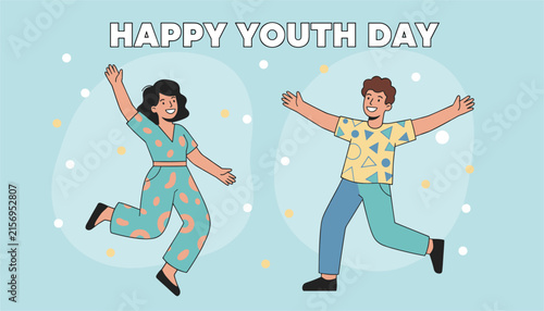 Joyful young man and woman jump happily in the air celebrating youth day against a blue background decorated with confetti.