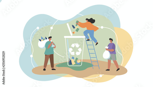 Volunteers cleaning the environment and throwing plastic bottles into a giant recycling cup with the green logo.