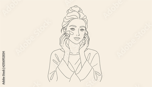 Sketch style portrait of a young woman using a makeup sponge to apply cosmetics on her face as part of her beauty routine.