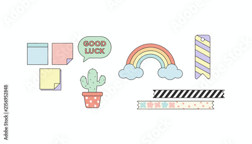 Bullet journal sticker set includes colorful sticky notes cactus rainbow good luck message and decorative washi tapes.